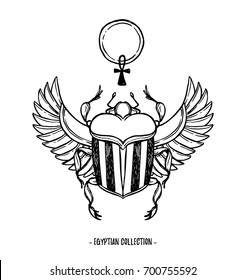 Hand drawn vector illustration - Egyptian collection. Scarab beetle with wings and ankh, symbol of pharaoh. Perfect for invitation, web, postcard, poster, textile, print etc.
