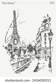 Ilustración vectorial dibujada a mano de la Torre Eiffel, calles de París