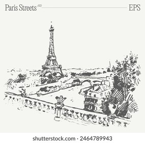 Hand drawn vector illustration of Eiffel Tower, Paris streets