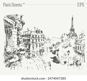 Hand drawn vector illustration of Eiffel Tower, Paris streets