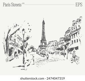 Hand drawn vector illustration of Eiffel Tower, Paris streets