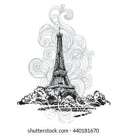 hand drawn vector illustration with Eiffel tower on white background. vector eps 8
