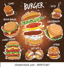 Hand drawn vector illustration of eight popular Burger varieties, including Hamburger, Cheeseburger, Bacon Burger, Double Decker Burger, Slider Burger, Luther Burger, 50/50 Burger, Juicy Lucy Burger.