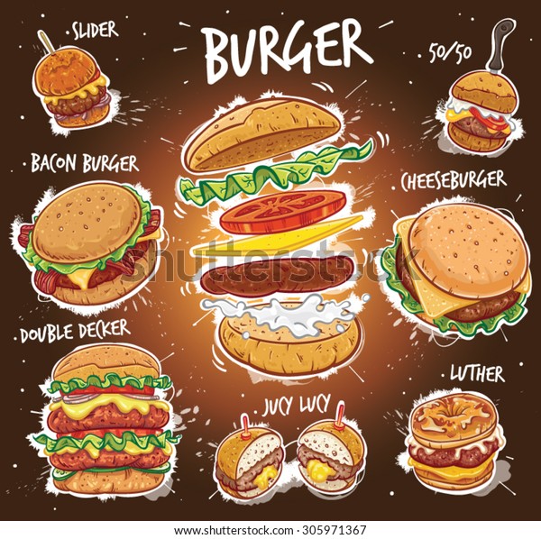 Hand drawn vector illustration of eight popular\
Burger varieties, including Hamburger, Cheeseburger, Bacon Burger,\
Double Decker Burger, Slider Burger, Luther Burger, 50/50 Burger,\
Juicy Lucy Burger.