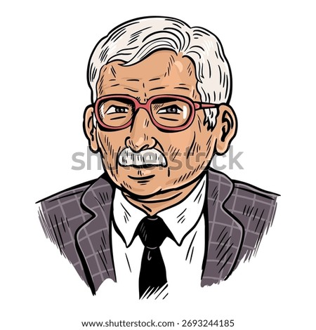 Hand drawn vector illustration of elderly professional man with glasses and mustache. Retro professor style portrait suitable book covers, corporate profiles, education, expert bios