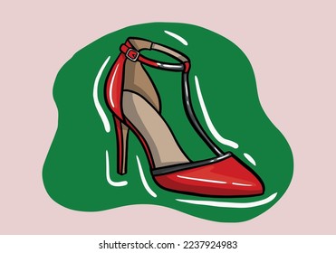 Hand drawn vector illustration of elegant fashionable red women’s shoe with high heel isolated on background