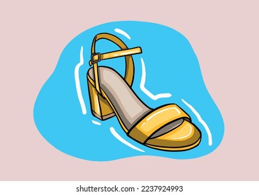 Ilustración vectorial dibujada a mano del elegante zapato de mujer amarillo de moda con tacón alto aislado en el fondo