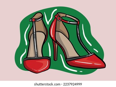 Hand drawn vector illustration of elegant fashionable red women’s shoes with high heel isolated on background
