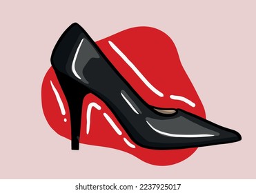 Ilustración vectorial dibujada a mano del elegante zapato de mujer negra de moda con tacón alto aislado en el fondo