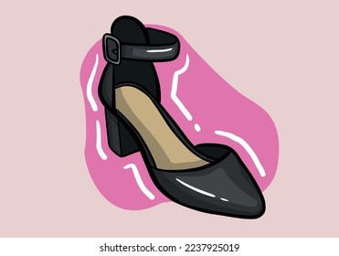 Ilustración vectorial dibujada a mano del elegante zapato de mujer negra de moda con tacón alto aislado en el fondo