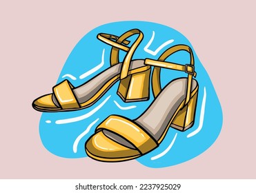 Hand drawn vector illustration of elegant fashionable yellow women’s shoes with high heel isolated on background