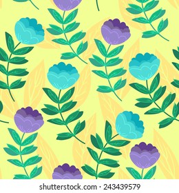 Hand drawn vector illustration. Elegant seamless pattern with blue flowers