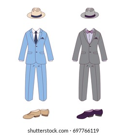 Hand drawn vector illustration of elegant men clothes: classic suits, in blue and gray, with bow tie and neck tie, shoes and fedora hats. Isolated objects on white background. Design concept fashion.