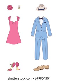 Hand drawn vector illustration of elegant men and women clothes: classic suit with bow tie, sleeveless dress, shoes, earrings, flower, hat. Isolated objects on white background. Design concept fashion