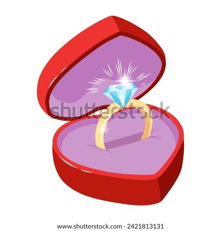 Hand drawn vector illustration of an engagement ring in a heart shaped gift box. Color doodle sketch of a diamond ring