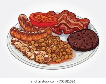 Hand Drawn Vector Illustration Of An English Breakfast Plate With Bacon, Tomato, Beans, Mushroom And Blood Sausage.