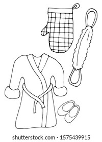 Hand drawn vector illustration in eps 10 bathrobe, washcloth and slippers. Vector doodle isolated on white background.