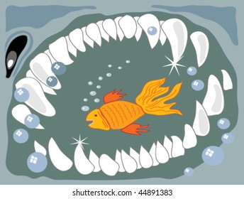 a hand drawn vector illustration in eps format of a small brightly colored fish with a happy expression about to be swallowed by a big fish