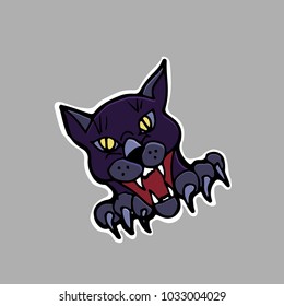 Hand drawn vector illustration. Evil black cat. Sticker. Cartoon patch badges.