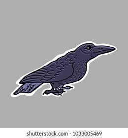 Hand drawn vector illustration. Evil black raven. Sticker. Cartoon patch badges.