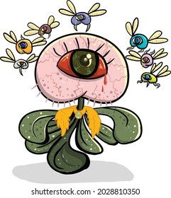 ilustraciones de vector dibujadas a mano de la planta de los ojos y de algún personaje de insectos monstruo. bueno para el diseño de camisetas, libro de iluminación, clip art, diseño de personajes
