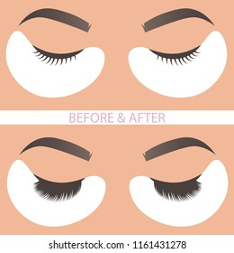 Hand drawn vector illustration of eyelash extensions. Flat illustration of eyelash extension: before and after.