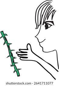 Hand drawn vector illustration of a woman’s face in profile with a hand reaching toward a thorn. 