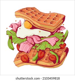 Hand drawn vector illustration of falling Viennese or Belgian waffles with omelet, bacon, green salad, sliced avocado and Cherry tomatoes with quote in cartoon style. Isolated on white background.