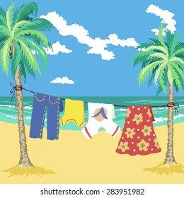 Hand drawn vector illustration. Family vacation, simple living on the tropical coast.