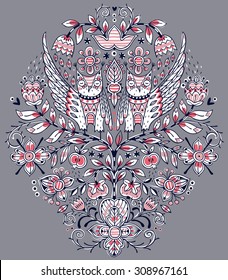 hand drawn vector illustration of a fantasy tree with abstract flowers and owls
