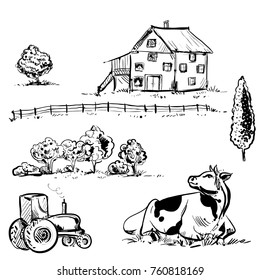 hand drawn vector illustration with farm and cow. sketh.