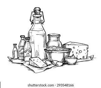 Hand Drawn Vector Illustration -  Farmers Dairy Products. Grocery Store. Supermarket.