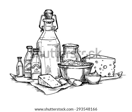 Hand drawn vector illustration -  Farmers dairy products. Grocery store. Supermarket.
