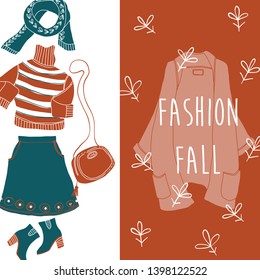 Hand drawn vector illustration of fashion clothes set for autumn