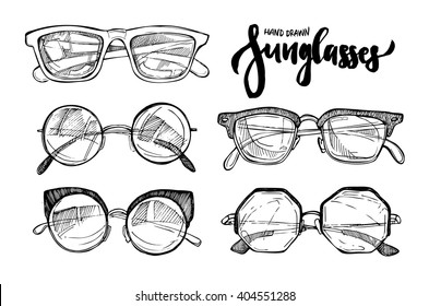 Hand drawn vector illustration - Fashion sunglasses. Vintage decorative  design elements.
