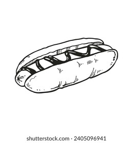 ilustración vectorial hecha a mano de comida rápida, boceto de tinta de perro caliente en un bollo y con mostaza o salsa, ilustración en blanco y negro de salchicha con salsa aislada en fondo blanco