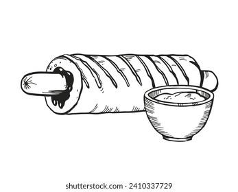 hand drawn vector illustration of fast food, ink sketch of hot dog in a bun and with mustard or sauce, black and white illustration of sausage with sauce isolated on white background