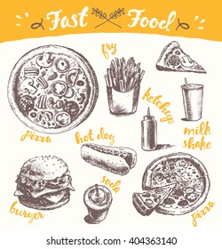 Hand drawn vector illustration of a fast food theme products on white background. Fry, pizza, burger, hot dog and more.
