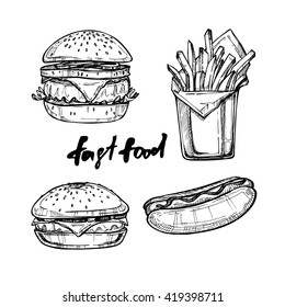 Hand drawn vector illustration - Fast food elements (hot dog, hamburger, cheeseburger, french fries). Perfect for menu, delivery booklets, leaflets, posters