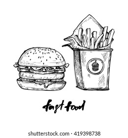 Hand drawn vector illustration - Fast food elements (hamburger, french fries). 