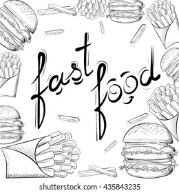 Hand drawn vector illustration fast food products illustration. Menu in vintage style. 