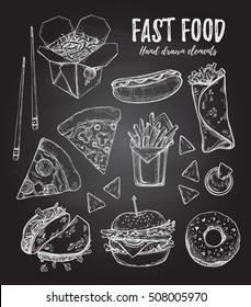 Hand drawn vector illustration - Fast food (hot dog, hamburger, french fries, pizza, wok, donut, tacos, nachos, burritos). Design elements in sketch style. Perfect for menu, cards, blogs, banners