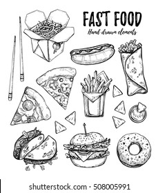 Hand drawn vector illustration - Fast food (hot dog, hamburger, french fries, pizza, wok, donut, tacos, nachos, burritos). Design elements in sketch style. Perfect for menu, cards, blogs, banners