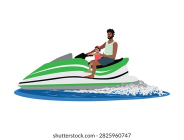 Hand drawn vector illustration of a father taking his young son for a water scooter ride on a white background