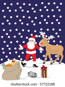 a hand drawn vector illustration of father Christmas with a reindeer and a sack of presents in a snowy background