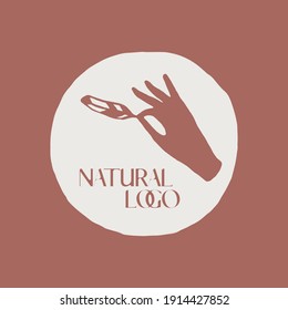 Hand drawn vector illustration of hand with feather, linear style, line drawing. Vector logo, logotype, emblem, symbol.