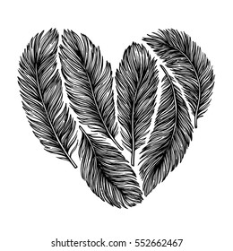 Hand drawn vector illustration -  Feathers in shape of heart. Happy Valentine day. Perfect for invitations, greeting cards, posters, prints