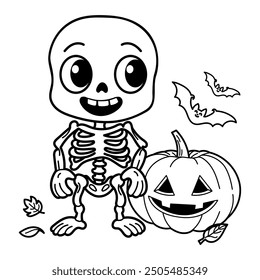 Hand drawn vector illustration features a happy skeleton with a jack-o'-lantern pumpkin, perfect for Halloween designs 