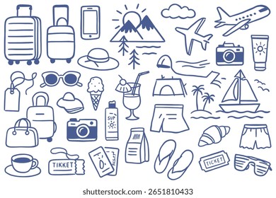 A hand drawn vector illustration features a set of doodles depicting various travel and vacation related elements perfect for illustrating tourism journey or holiday planning concepts