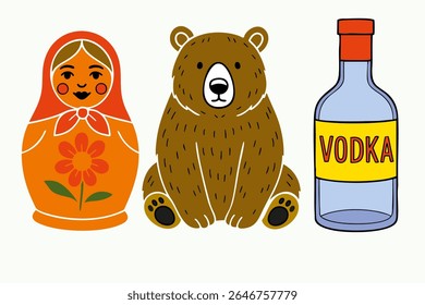 Ilustração vetorial desenhada à mão com símbolos russos icônicos: uma boneca matryoshka, um urso pardo de desenho animado e uma garrafa de vodka. Representação cômica e colorida de estereótipos culturais russos 